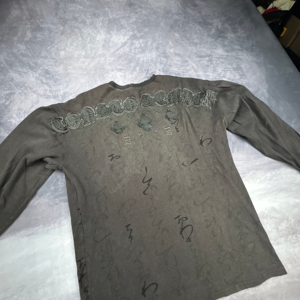 Monarchy Mens Large Thermal Long Sleeve Shirt Grunge Y2K Biker Applique Grey - Picture 5 of 8